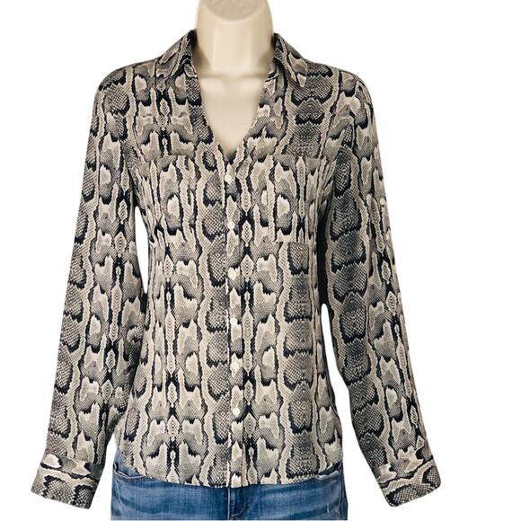 Express Tops - Express Signature Portofino Button Front Blouse Snake Skin Print Tan Blue Cream